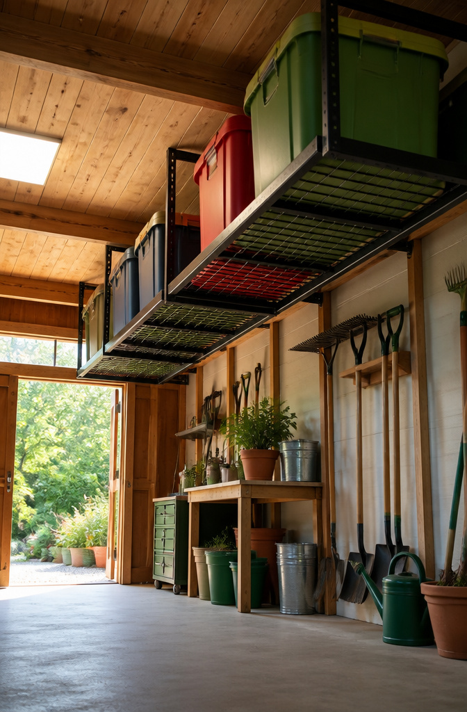 18 Shed Organization Ideas for Tools, Supplies and Storage (2026) 11 Overhead racks in a shed holding holiday bins and camping gear.