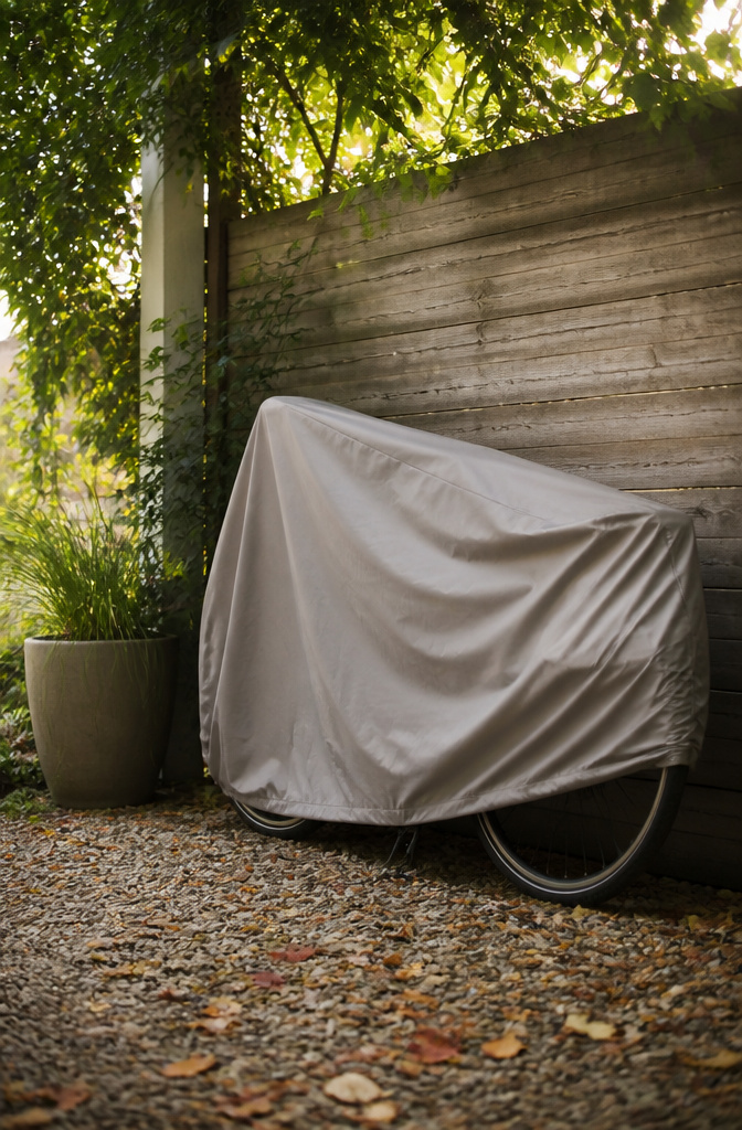11 Eco-Friendly Bike Storage Ideas: Sustainable Ways to Store Your Bike (2026) 11 A bike covered with a protective cover against a fence.