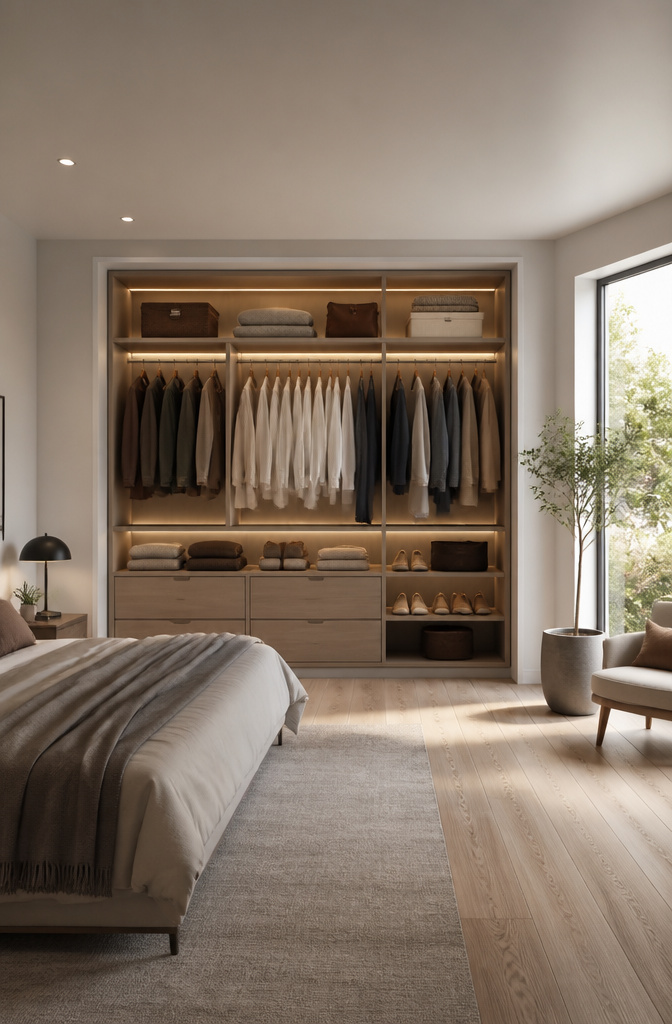 18 Wall Closet Ideas for Better Storage and Design in 2026 11 LED track lights and recessed lights in a closet.
