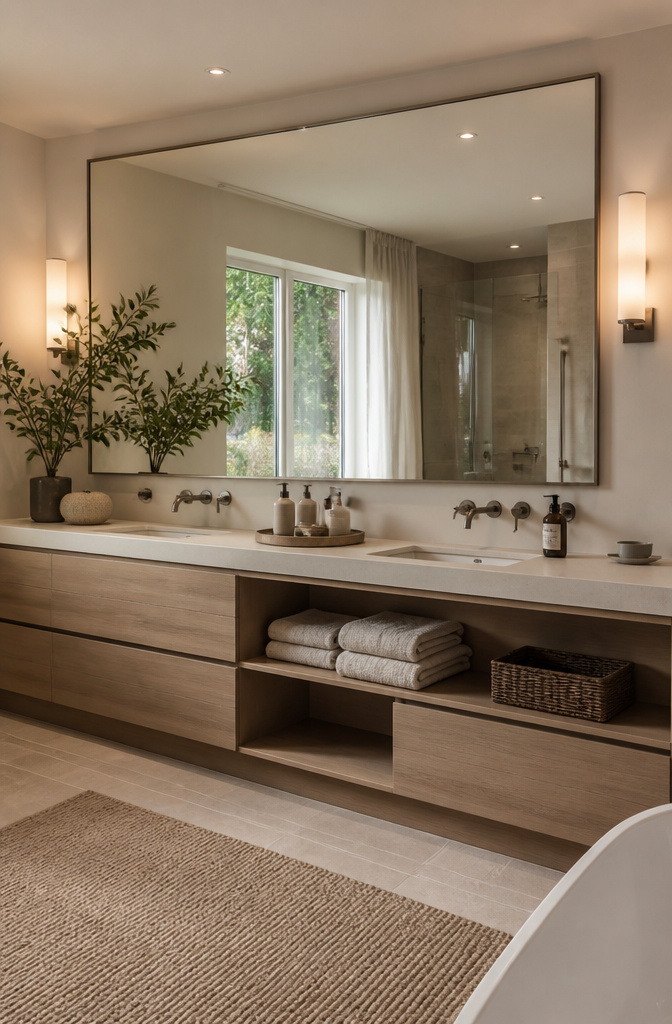 Bathroom featuring a large mirror above a modern vanity.