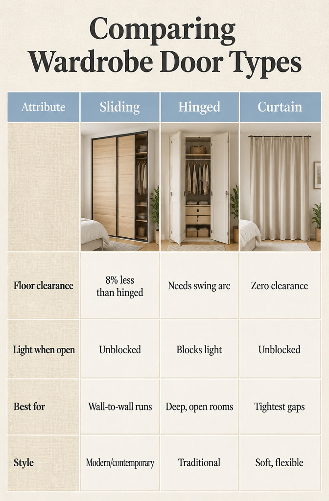 10 Small Bedroom Wardrobe Ideas for Space-Smart Storage in 2026 11 A chart comparing sliding, hinged, and curtain wardrobe doors.