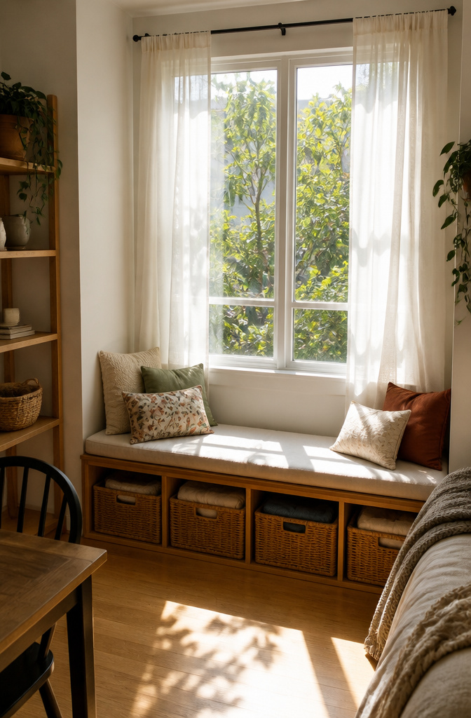 10 Storage Ideas for Small Spaces That Actually Work in 2026 11 A wooden bench under a window with storage bins tucked underneath.