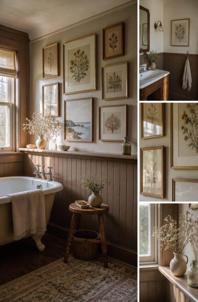 Framed art in a bathroom with protective sealing against steam.