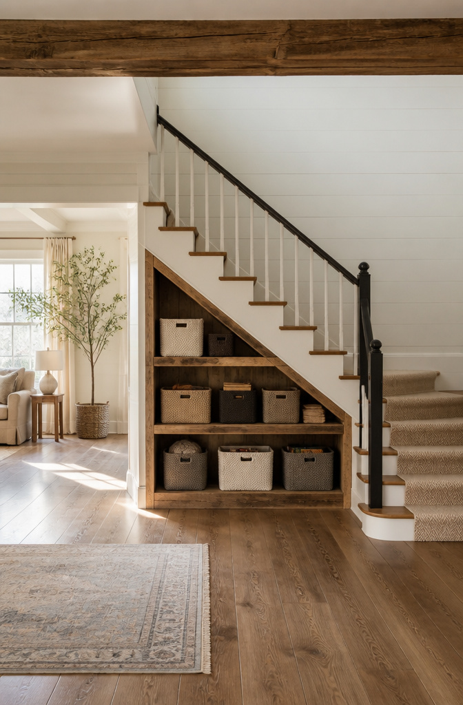 10 Storage Ideas for Small Spaces That Actually Work in 2026 12 Open shelves built under stairs, filled with storage bins.