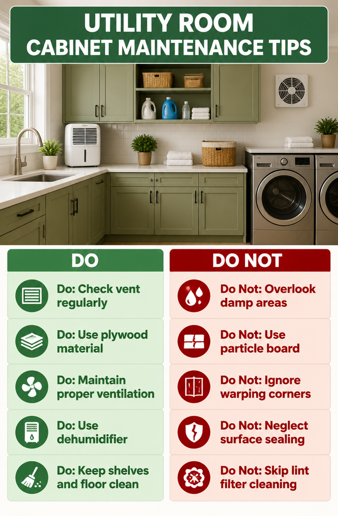 9 Utility Room Cabinet Ideas for Storage, Style and Budget in 2026 12 Maintenance tips for utility room cabinets displayed in an image.