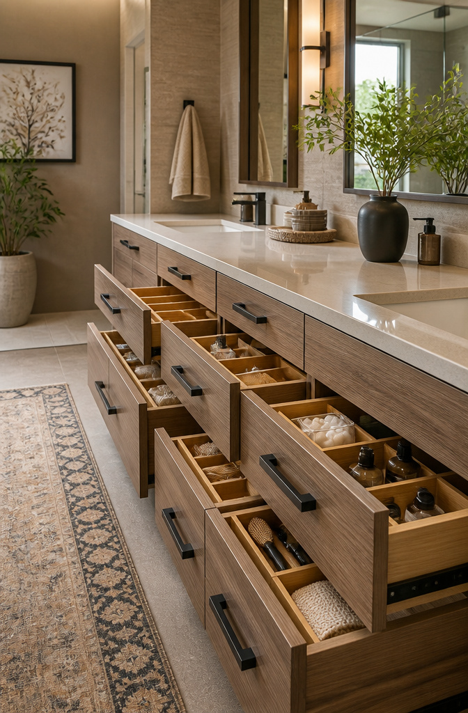 10 Master Bath Storage Ideas That Use Built-In Space (2026) 12 Drawers in a bathroom vanity with bamboo dividers for organization.