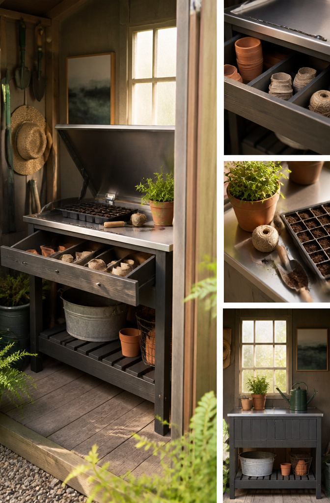 20 Garden Organization Ideas for Sheds, Tools and Supplies in 2026 12 A folding potting station that serves as a work surface and seating.