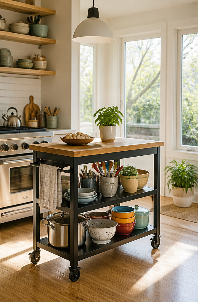 15 No Kitchen Cabinets Storage Ideas for 2026 12 A mobile kitchen island with a butcher block top and kitchen supplies.