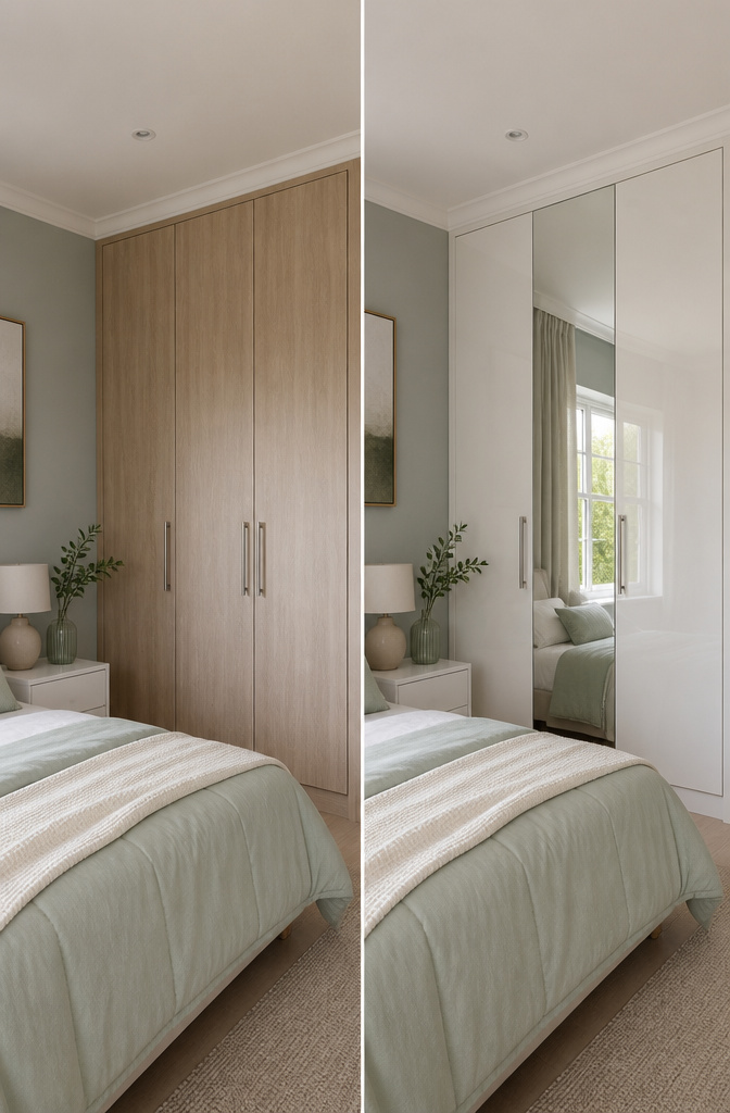 10 Small Bedroom Wardrobe Ideas for Space-Smart Storage in 2026 12 A wardrobe with light-colored finishes in a small bedroom.