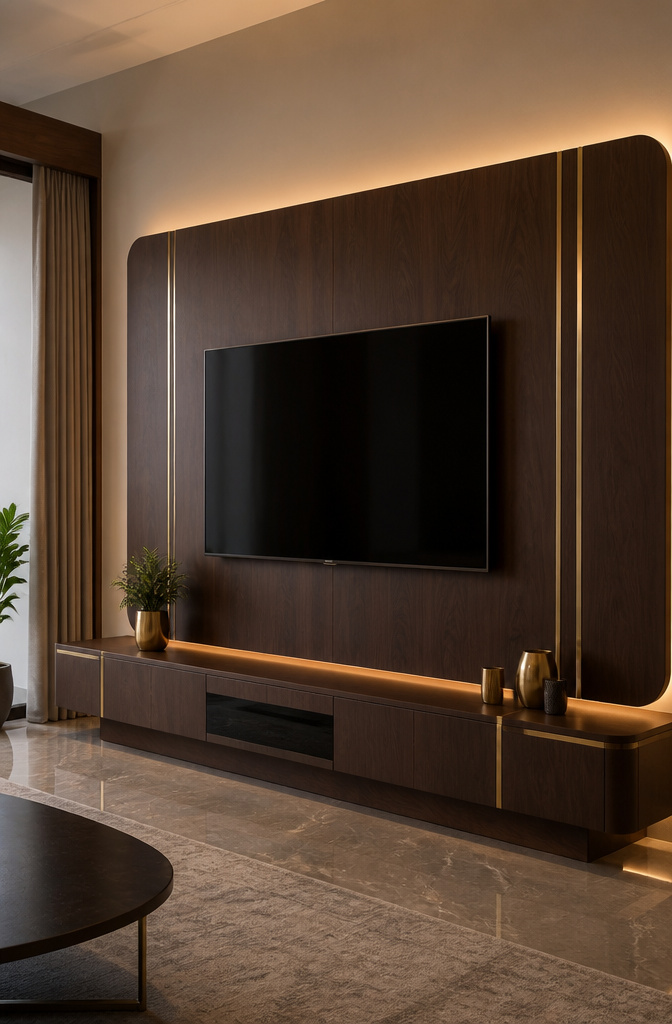 20 TV Cabinet Ideas That Blend Storage, Style and Smart Design 12 A dark veneer TV panel featuring brass motifs in an elegant setting.