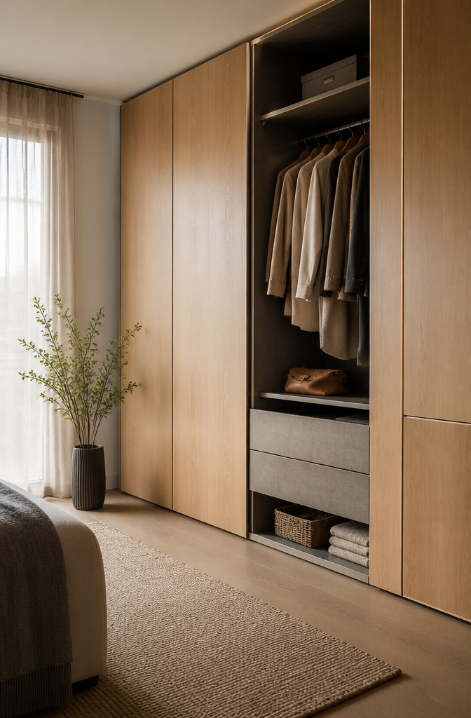 18 Wall Closet Ideas for Better Storage and Design in 2026 12 Modern closet featuring beech wood and gray suede.