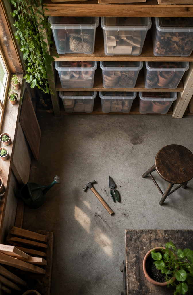 18 Shed Organization Ideas for Tools, Supplies and Storage (2026) 12 Clear storage bins stacked on a shelf, displaying their contents.