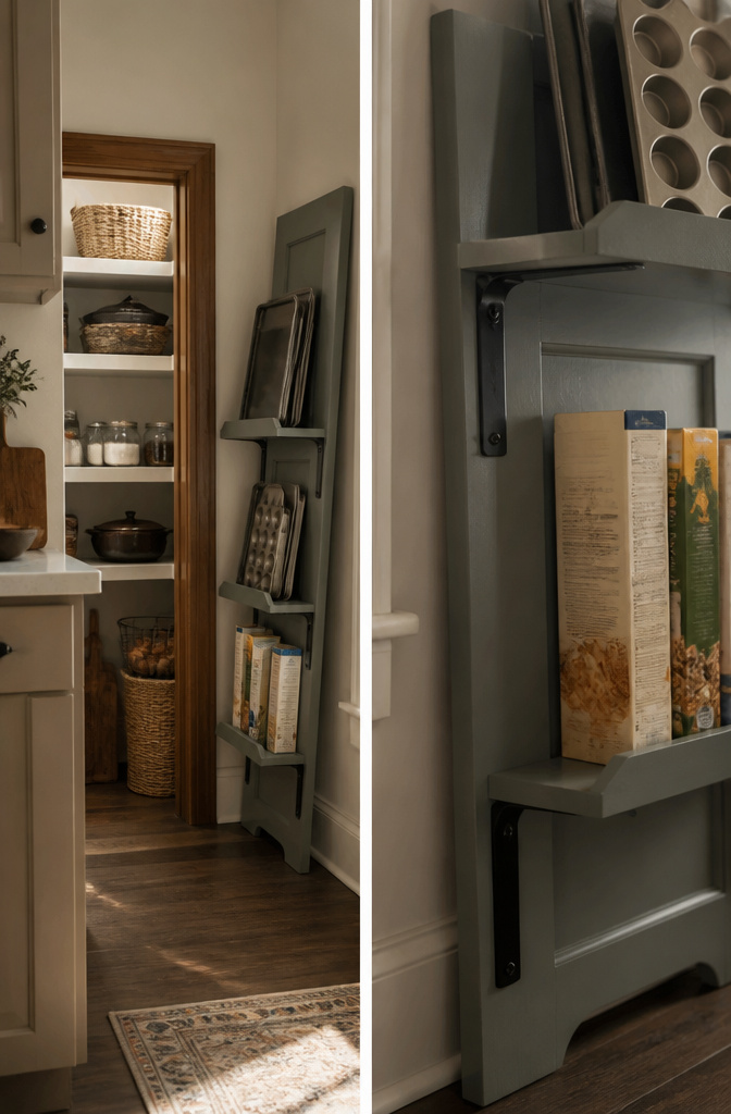 10 Small Pantry Ideas That Maximize Storage in Tight Kitchen Spaces 13 Narrow shelf made from a hollow-core door next to a refrigerator.