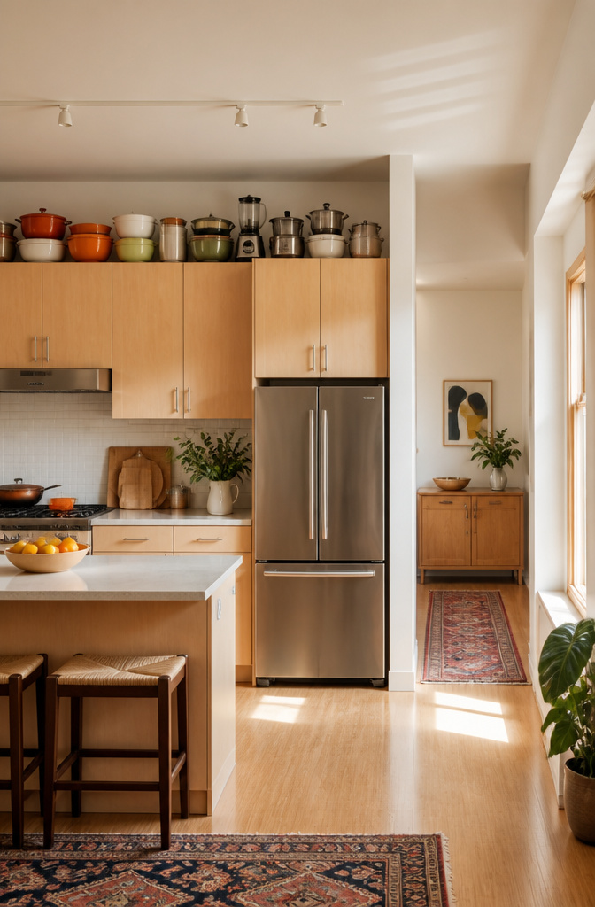 12 Apartment Kitchen Storage Ideas for Tight Spaces (2026) 13 Items stored on top of kitchen cabinets, utilizing vertical space.
