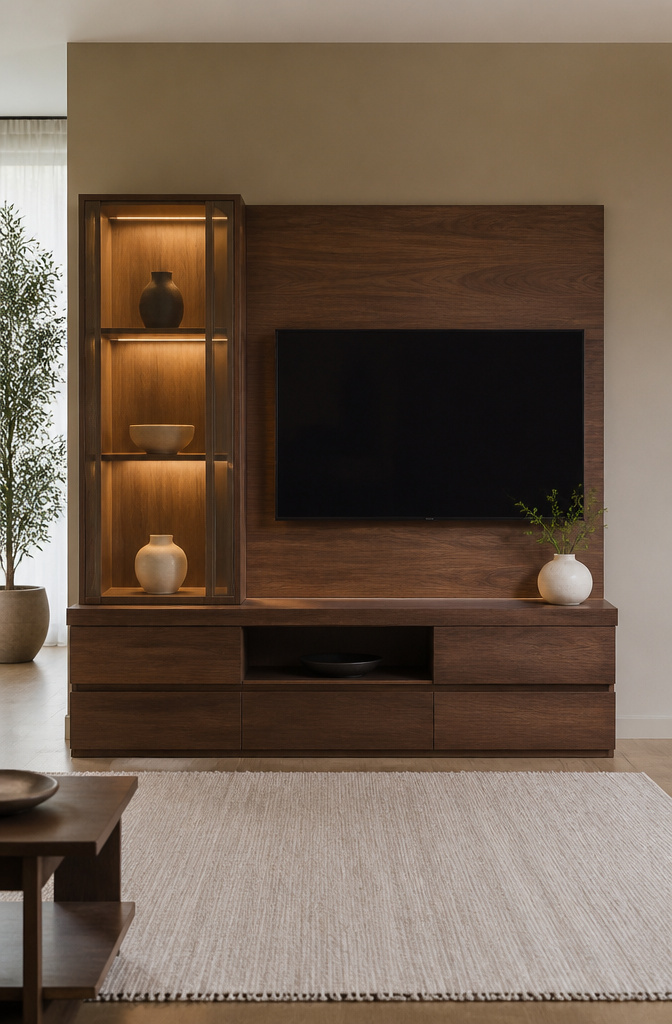 20 TV Cabinet Ideas That Blend Storage, Style and Smart Design 13 A TV cabinet with a glass showcase illuminating displayed treasures inside.