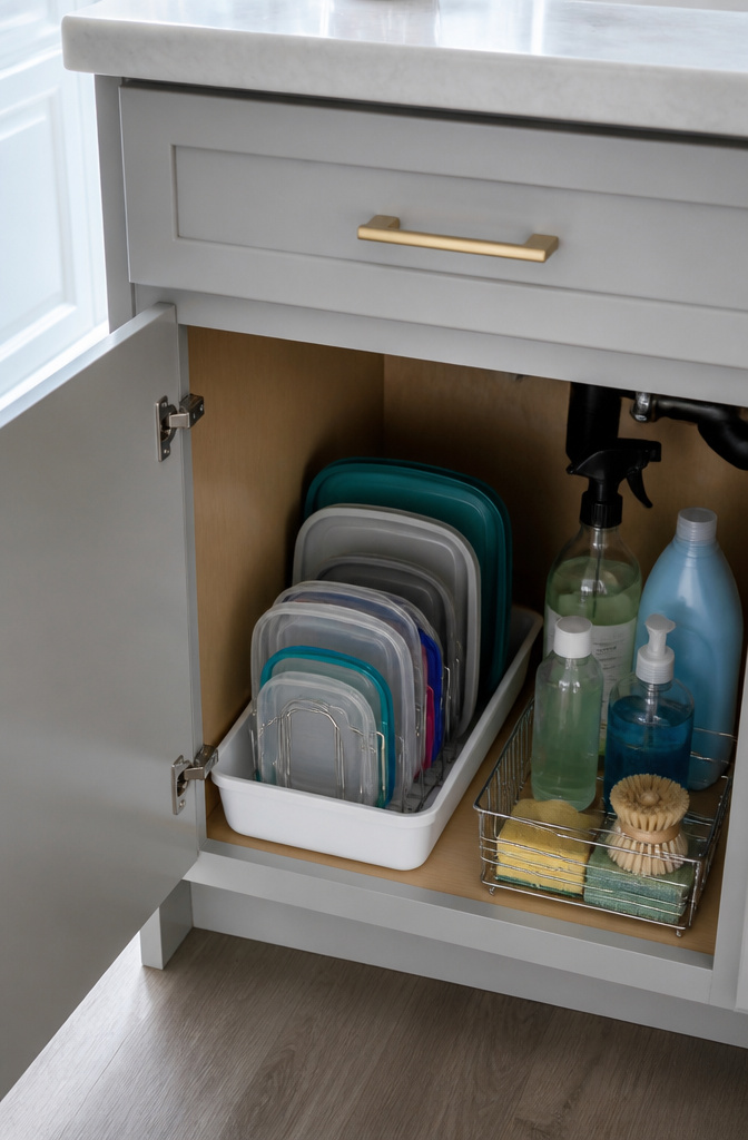 20 Clever Home Storage Ideas for Every Room in 2026 13 Plastic bin with a wire cooling rack holding various food lids.