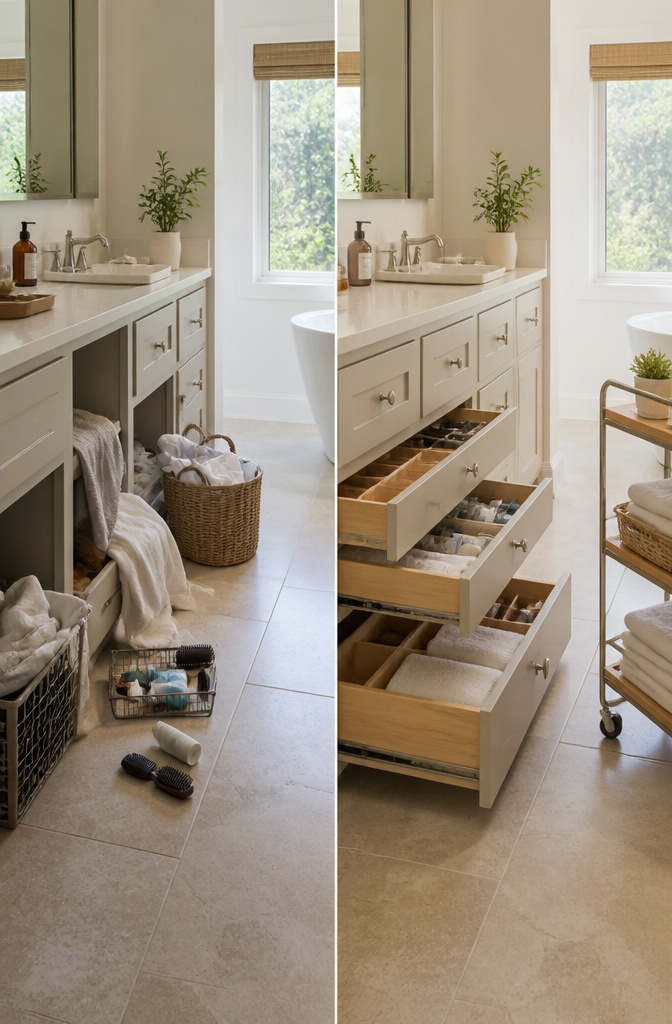 10 Master Bath Storage Ideas That Use Built-In Space (2026) 13 A bathroom featuring built-in storage and a rolling cart for convenience.