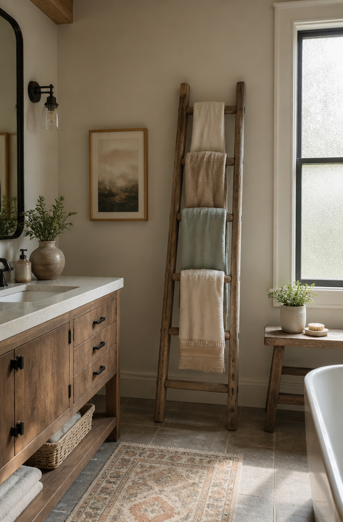 20 Small Bathroom Vanity Organization Ideas for 2026 13 A towel ladder holds towels in a compact bathroom space.