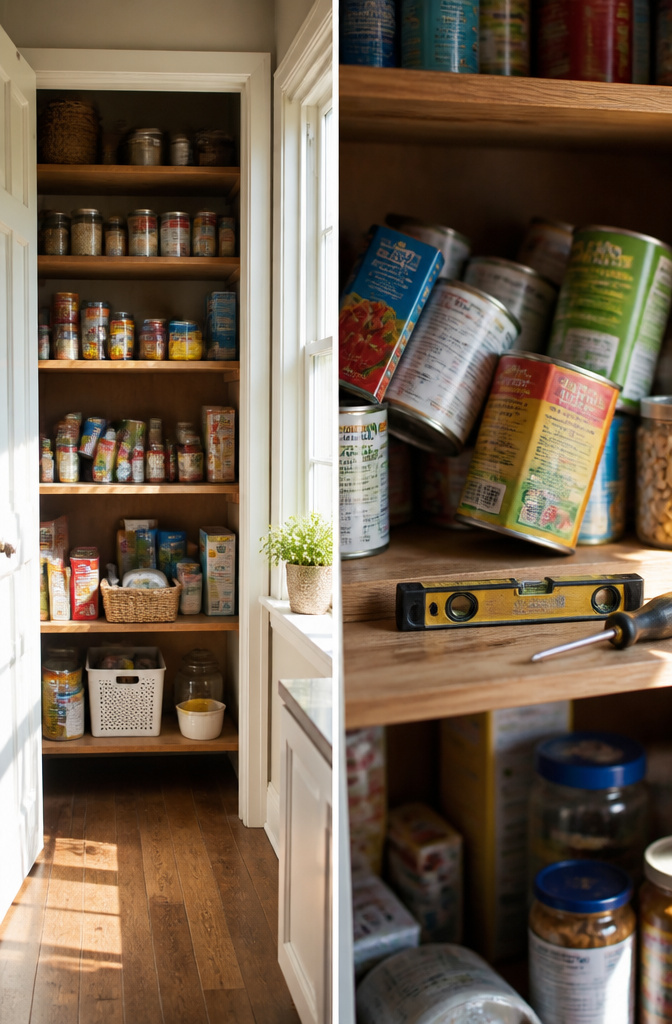 9 Small Pantry Shelves Ideas That Use Every Inch (2026) 13 A person inspecting pantry shelves with a trash bag in hand.