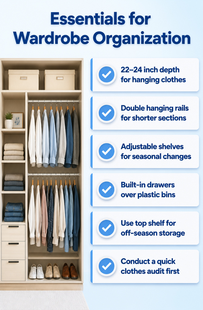 10 Small Bedroom Wardrobe Ideas for Space-Smart Storage in 2026 13 The interior of a wardrobe displaying organized storage solutions.