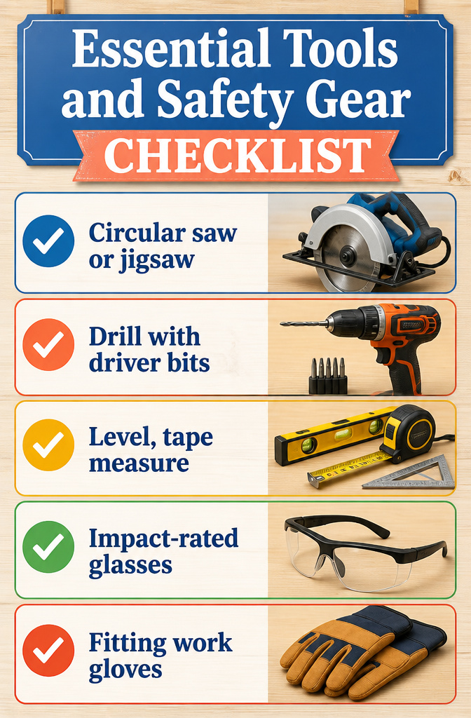 10 DIY Backyard Storage Ideas for Benches, Walls, and Sheds 13 A collection of tools and safety gear for DIY projects.