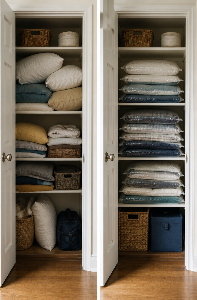 10 Storage Ideas for Small Spaces That Actually Work in 2026 13 Vacuum-sealed storage bags containing bedding compressed for storage.