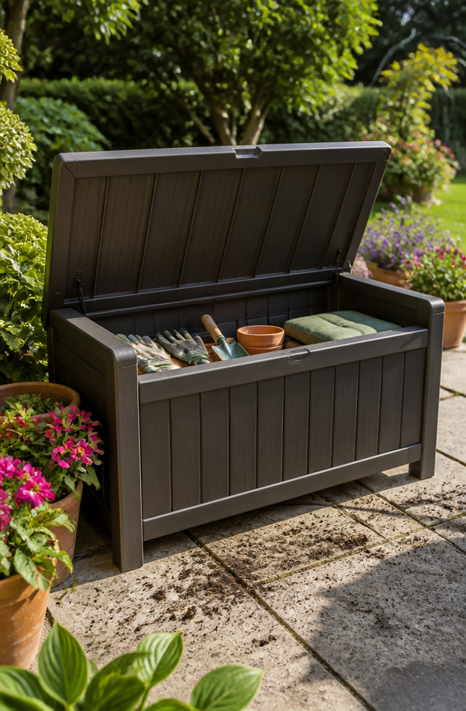 20 Garden Organization Ideas for Sheds, Tools and Supplies in 2026 14 A hinged-seat bench with storage space underneath for gardening tools.