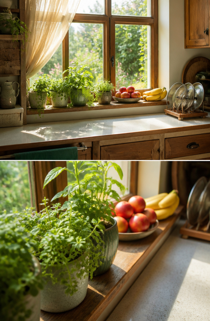 10 Kitchen Shelf Storage Ideas to Maximize Space in 2026 14 Kitchen window sill displaying plants and fresh fruit.