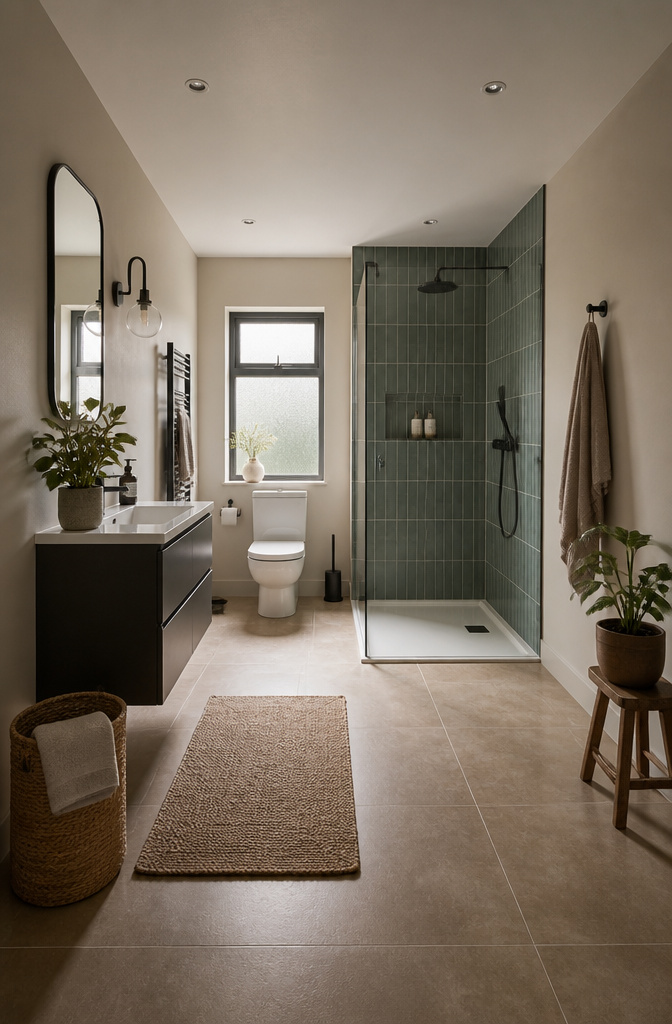 Bathroom with an asymmetrical layout accommodating an off-center window.