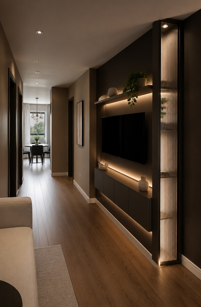20 TV Cabinet Ideas That Blend Storage, Style and Smart Design 14 A hallway TV wall design featuring concealed LED lights for indirect lighting.