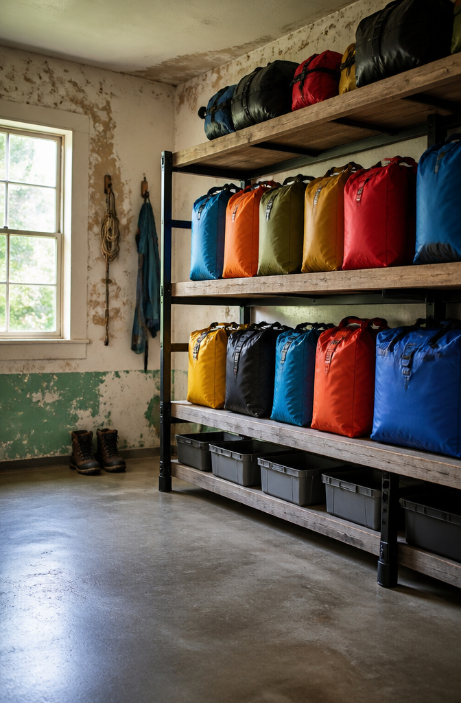 10 Gear Organization Ideas for Your Space in 2026 14 Shelves displaying dry bags and organized gear in a moisture-controlled area.