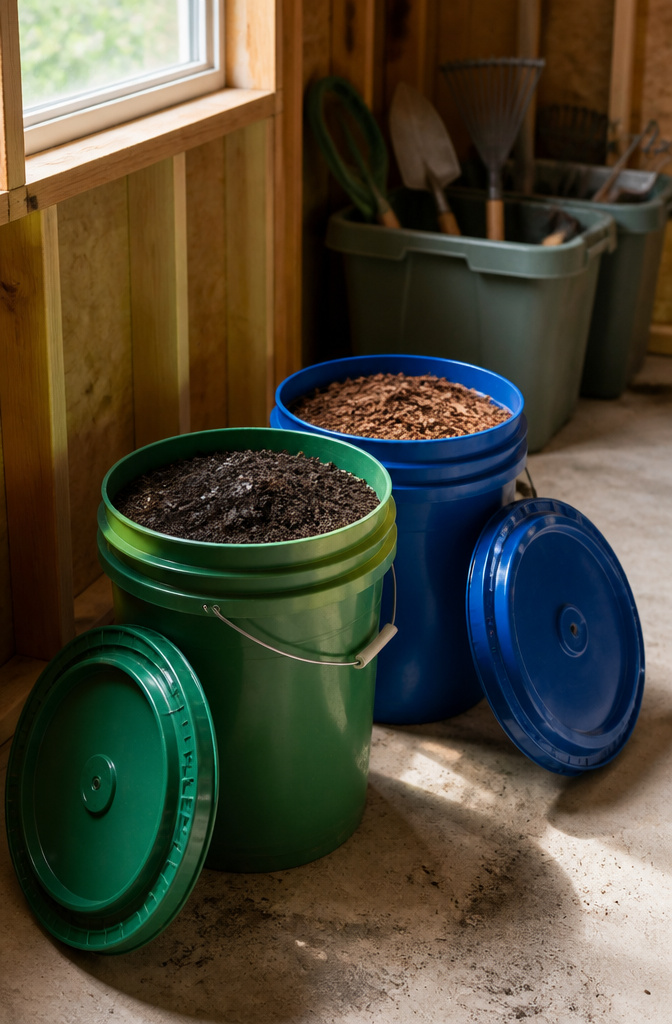 18 Shed Organization Ideas for Tools, Supplies and Storage (2026) 14 Five-gallon buckets storing soil and mulch in a shed.