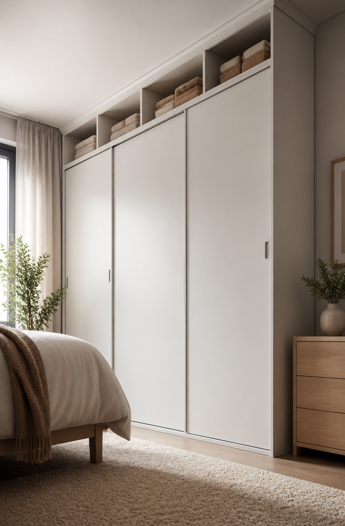 10 Small Bedroom Wardrobe Ideas for Space-Smart Storage in 2026 14 A tall wardrobe reaching the ceiling in a small bedroom.