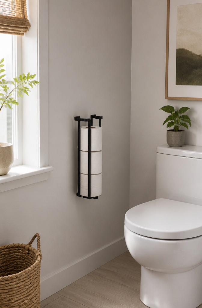 20 Small Bathroom Vanity Organization Ideas for 2026 14 A sleek holder displays toilet paper rolls beside a toilet.