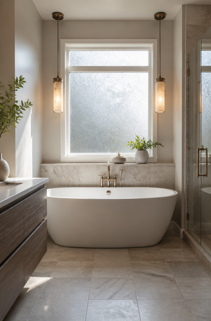 10 Bathroom with Bathtub Ideas for Every Style and Space 14 A bathtub under a high window with ambient lighting in a stylish bathroom.