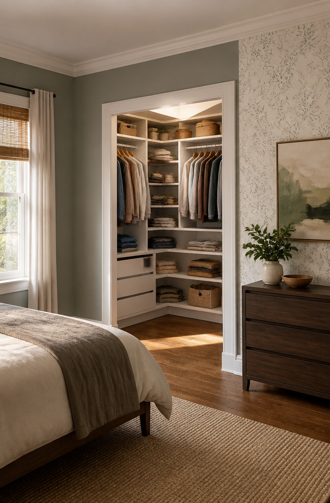 18 Wall Closet Ideas for Better Storage and Design in 2026 14 Corner closet with diagonal shelving for storage.