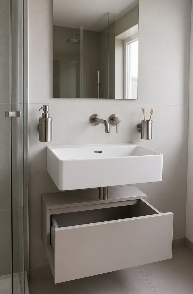 20 Tiny Bathroom Ideas for Compact Spaces in 2026 14 Modern wall-mounted soap dispenser and toothbrush holder in a bathroom.