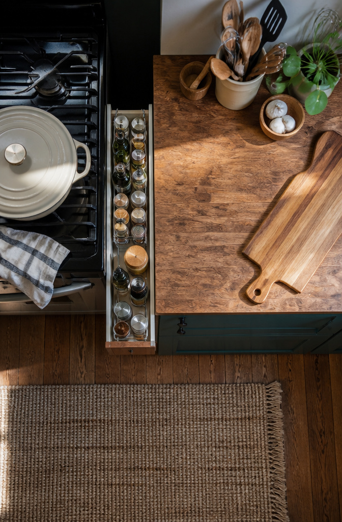 12 Apartment Kitchen Storage Ideas for Tight Spaces (2026) 15 A kitchen layout showing organized zones for cooking tools and ingredients.