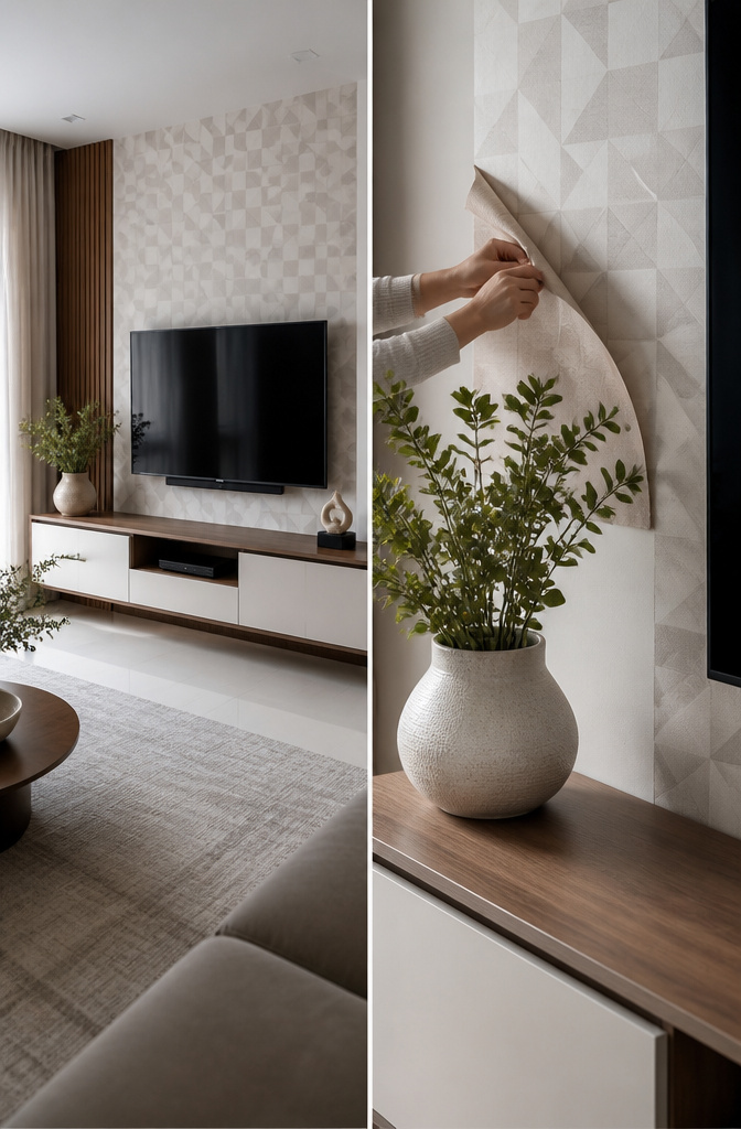 20 TV Cabinet Ideas That Blend Storage, Style and Smart Design 15 A TV unit backed by removable wallpaper, enhancing the wall's aesthetic.