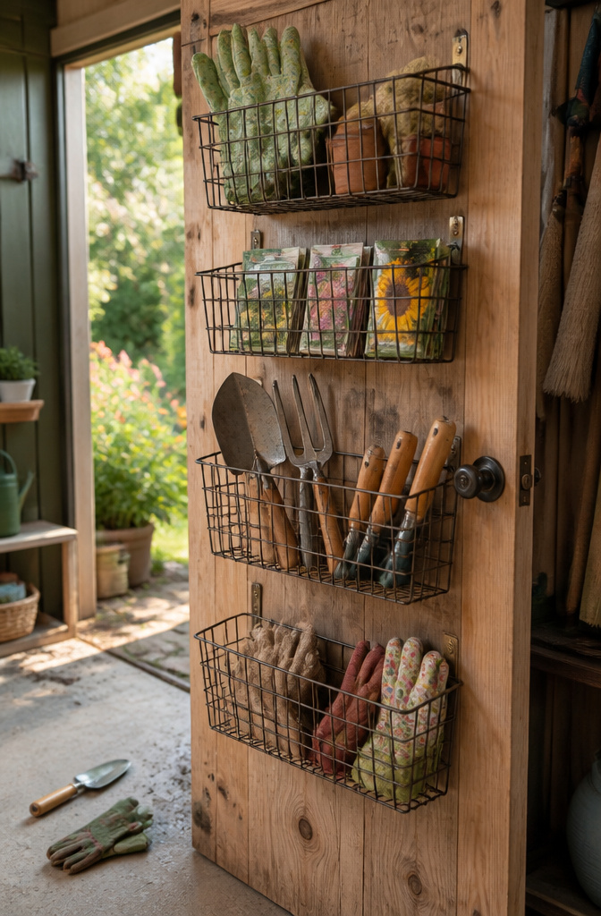 18 Shed Organization Ideas for Tools, Supplies and Storage (2026) 15 Wire hanging baskets on a wall filled with gloves and seed packets.