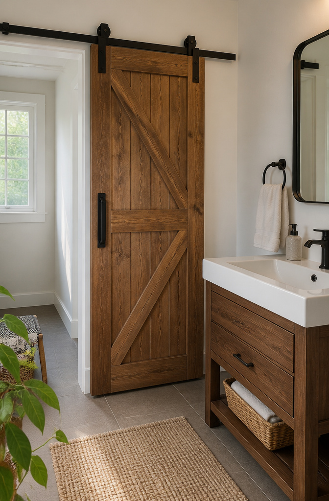 20 Tiny Bathroom Ideas for Compact Spaces in 2026 16 A sliding barn door in a small bathroom setting.