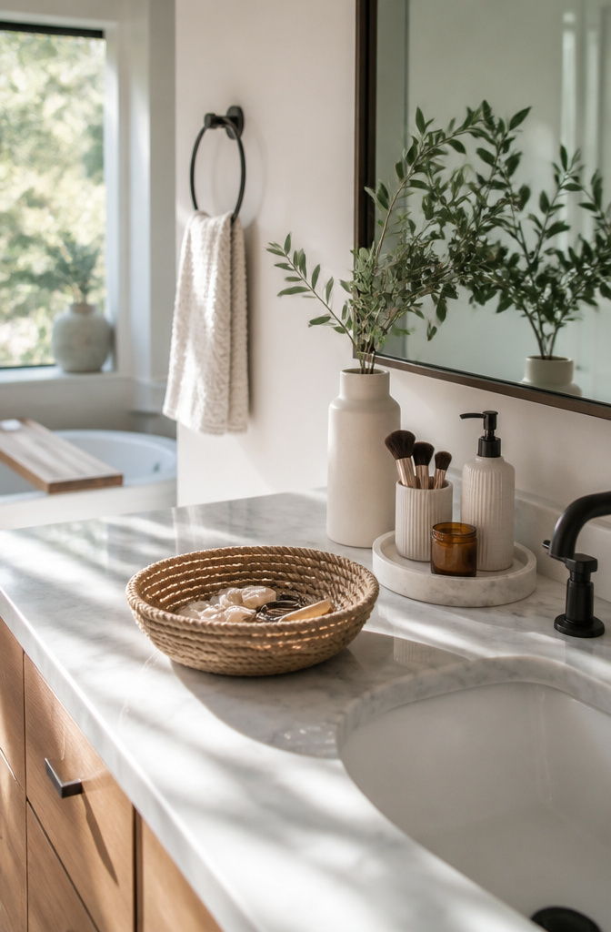 20 Small Bathroom Vanity Organization Ideas for 2026 16 A catch-all basket is filled with everyday items on a bathroom counter.