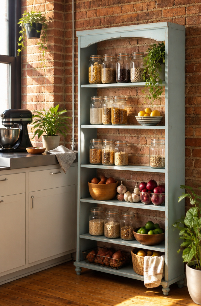15 No Kitchen Cabinets Storage Ideas for 2026 17 A vintage bookcase displaying jars and fresh produce in a kitchen.