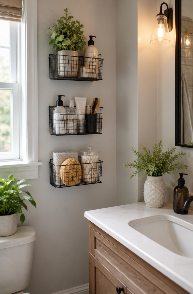 20 Small Bathroom Vanity Organization Ideas for 2026 17 Wire baskets are mounted on the wall, holding toiletries in a bathroom.