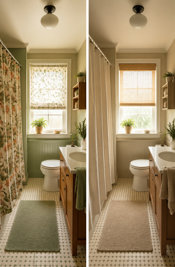 Bathroom with striped shower curtain and floral blind in complementary colors.