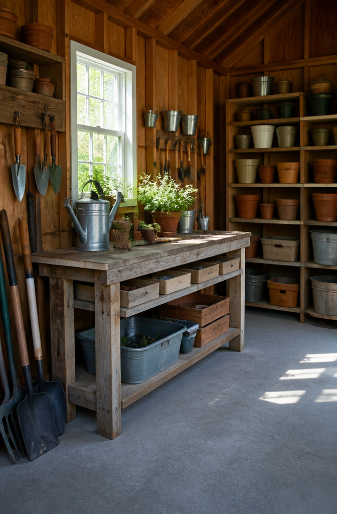 18 Shed Organization Ideas for Tools, Supplies and Storage (2026) 18 A potting bench with soil bags and gardening tools arranged neatly.