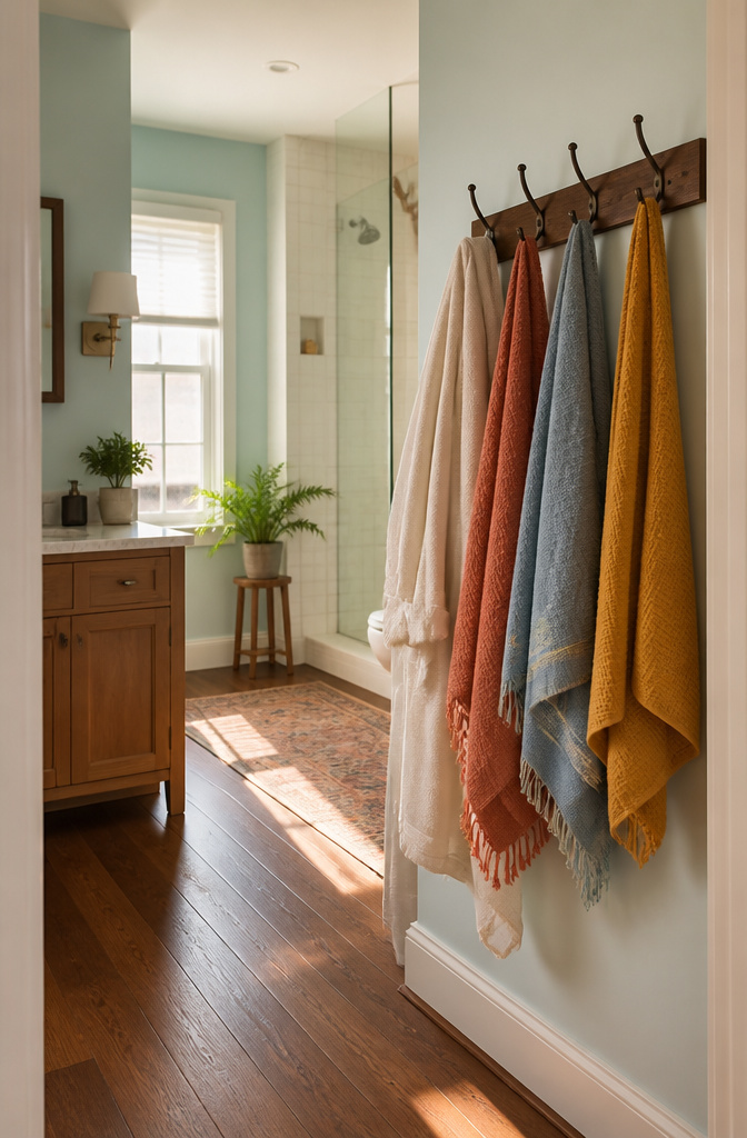 20 Small Bathroom Vanity Organization Ideas for 2026 18 A hook rack displays colorful towels and a robe in a bathroom.