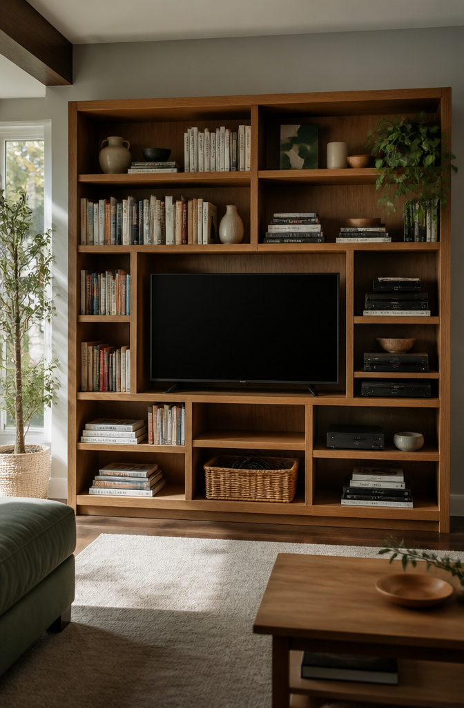 20 TV Cabinet Ideas That Blend Storage, Style and Smart Design 18 A bookshelf functioning as a TV stand, filled with books and electronics.