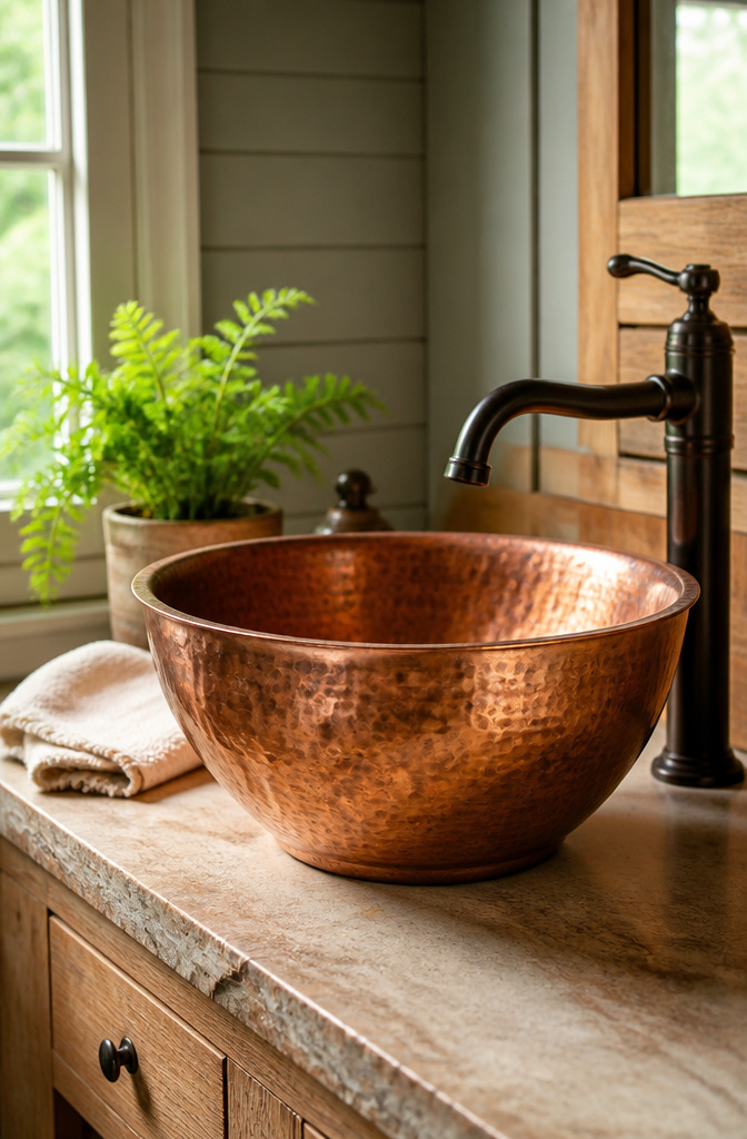 A copper basin in a bathroom, showcasing its warm hues.