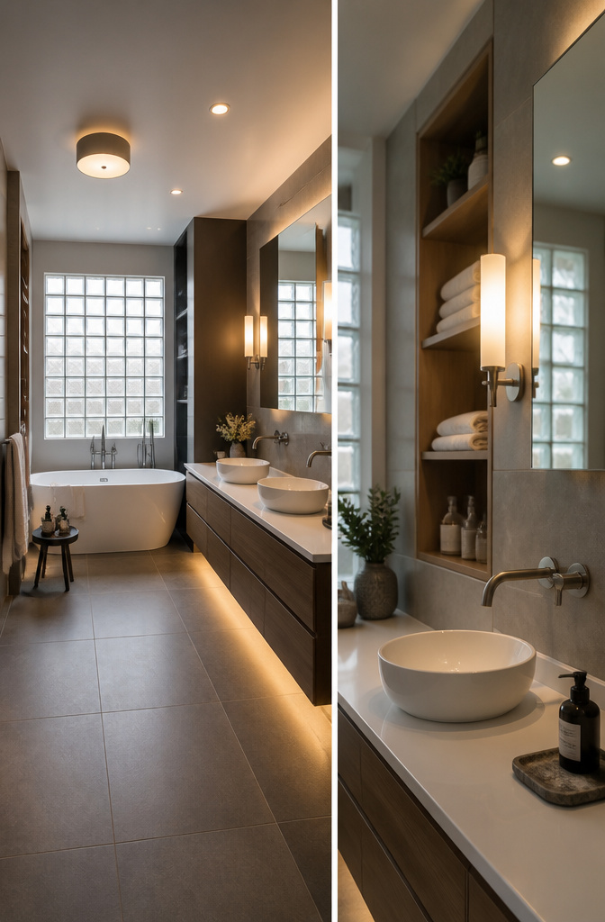 Bathroom with overhead lights and sconces flanking a mirror.